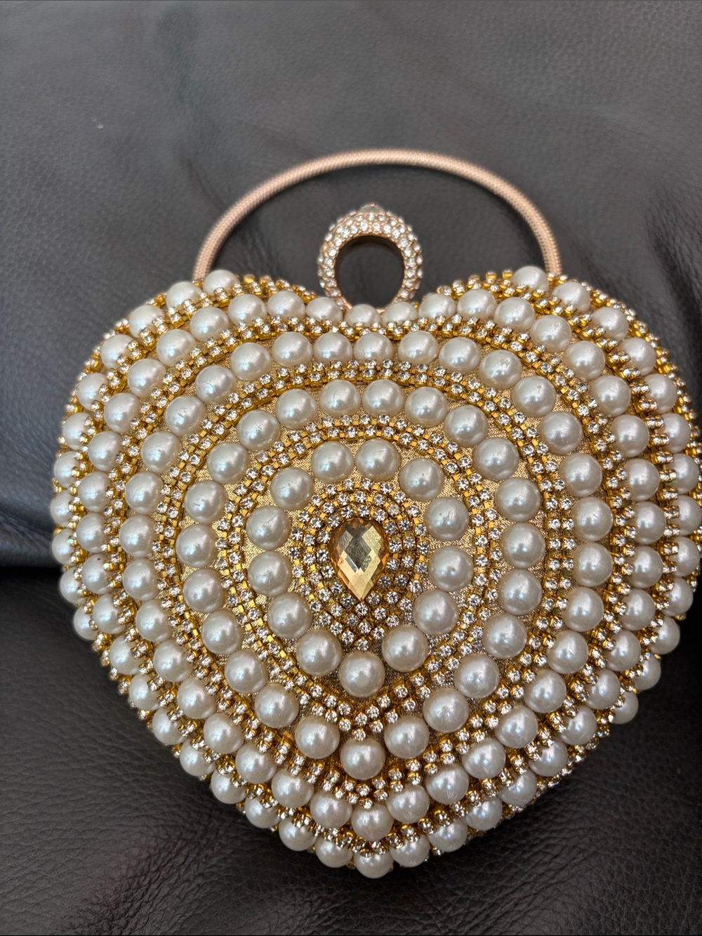 Bridal Bride Princess prom formal gold pearl clutch purse handbag honeymoon ring